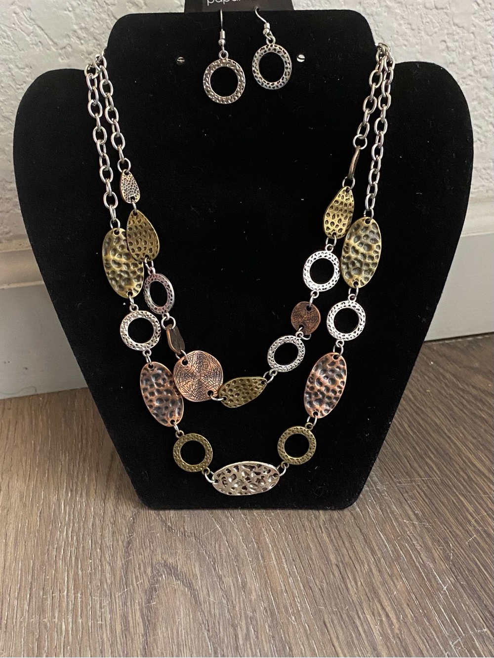Mixed Metal Hammered Multi-Chain Necklace & Earrings Set